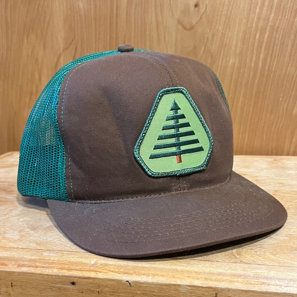 Brown and Green Trucker Hat with Tree Patch, Aaron Draplin Design